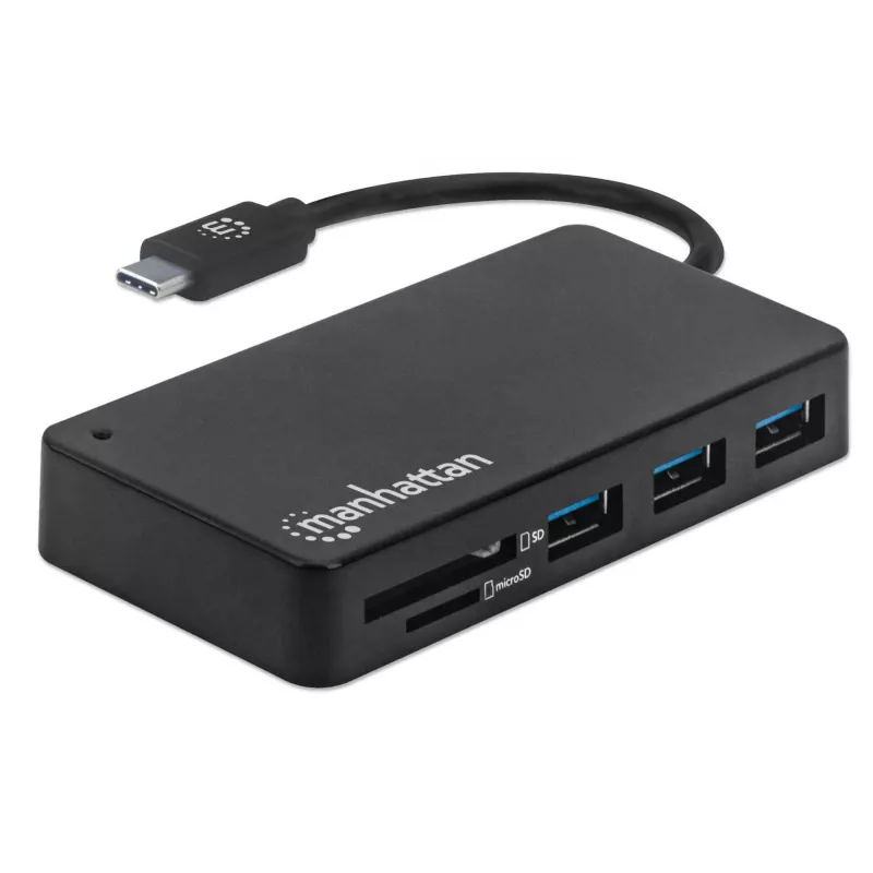 Manhattan USB-C centrmezgls ar karšu lasītāju, 3x USB-A, 5 Gbps (USB 3.2 Gen1), melns