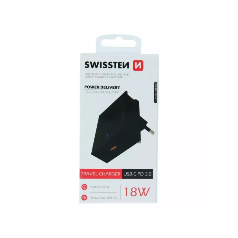 Lādētājs iekštelpām Swissten 22049000, USB Type-C, 18 W, melns