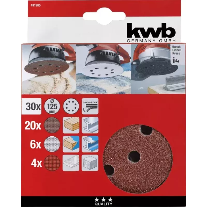 Slīpēšanas disku komplekts kwb Quick-stick 30 gab., 11,5 cm, korunds