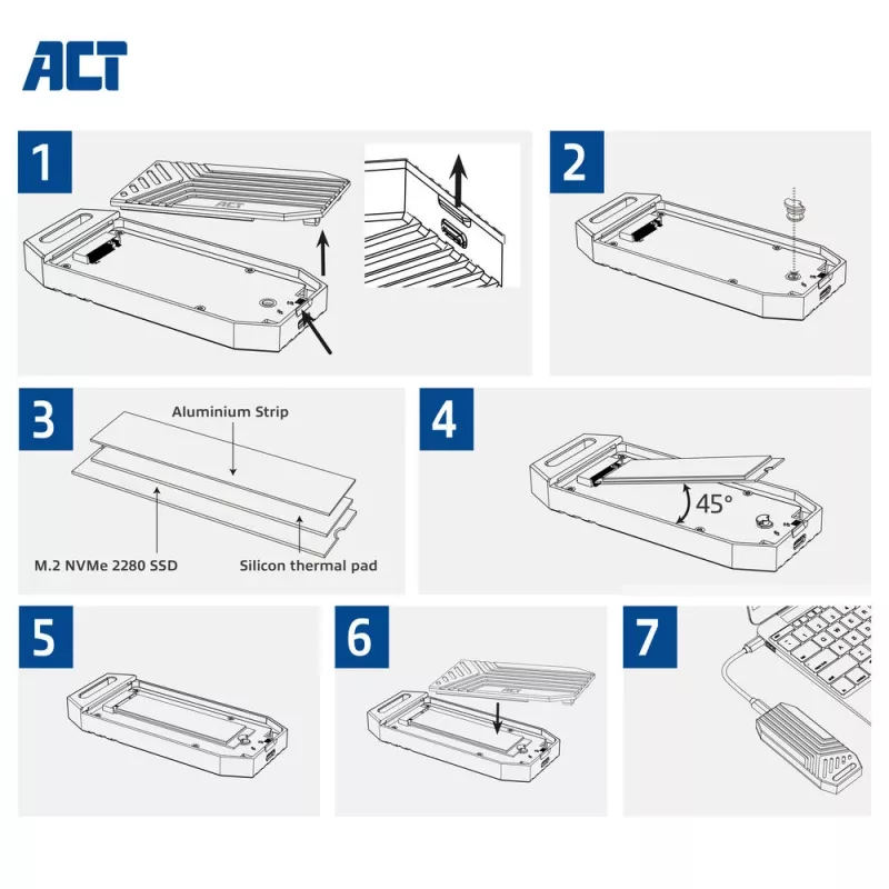 ACT USB 40Gbps M.2 2280 NVMe / PCIe SSD ārējais korpuss, bezinstrumentu montāža