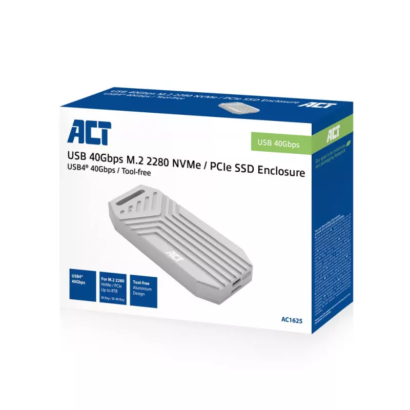 ACT USB 40Gbps M.2 2280 NVMe / PCIe SSD ārējais korpuss, bezinstrumentu montāža