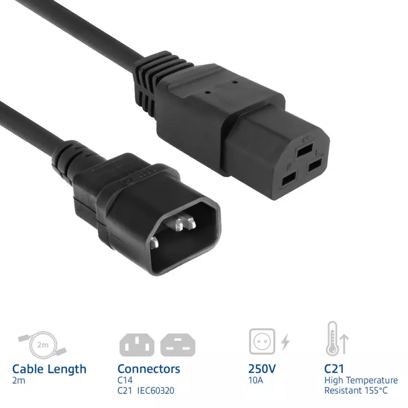 Strāvas vads ACT C14 uz C21 IEC60320, 2 m, 250 V, 10 A, melns