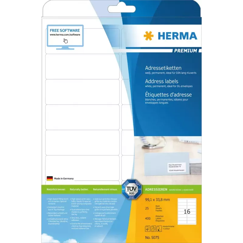 Adrešu uzlīmes Premium HERMA A4 99,1x33,8 mm 400 gab.