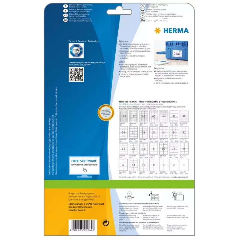 Pašlīmējošas printera uzlīmes HERMA Labels Premium A4 5064