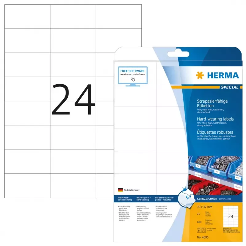 Izturīgas HERMA A4 70x37 mm baltas matētas plēves etiķetes, laikapstākļiem izturīgas, 600 gab.