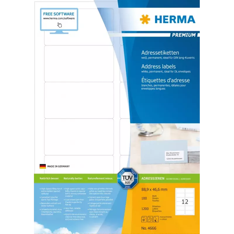 Adrešu uzlīmes Premium HERMA A4 88.9x46.6 mm 1200 gab.