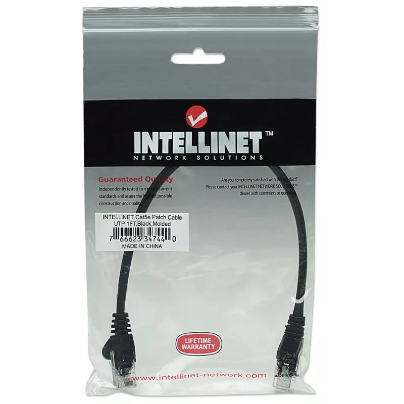 Intellinet tīkla vads, Cat5e, 0.25m, Melns, CCA, U/UTP, PVC, RJ45, zeltīti kontakti, Snagless, Booted, Mūža garantija