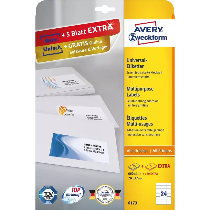 Pašlīmējošās etiķetes Avery Zweckform 6173 Taisnstūrveida Pastāvīgās Baltas — 720 gab.