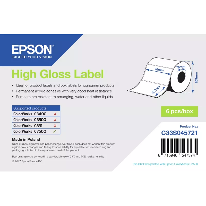 Epson High Gloss uzlīmes - grieztas ruļļos: 76mm x 127mm, 960 uzlīmes