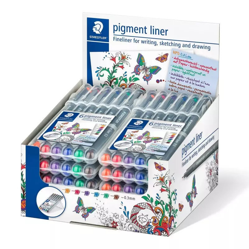 Finelineru komplekts Staedtler Pigment Liner 30803-SSB6 (zils, brūns, zaļš, oranžs, sarkans, violets)