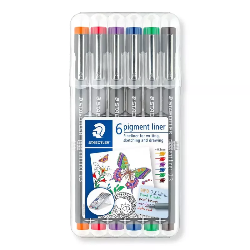 Finelineru komplekts Staedtler Pigment Liner 30803-SSB6 (zils, brūns, zaļš, oranžs, sarkans, violets)