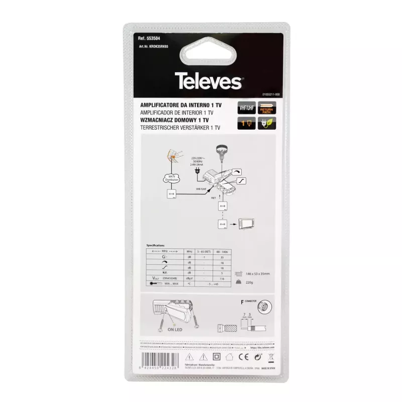 TV signāla pastiprinātājs Televes 553504 88–1006 MHz F savienotājs AC 220–230 V