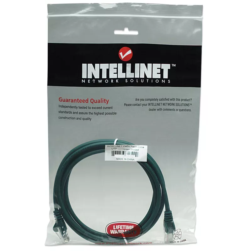 Intellinet tīkla vads, Cat5e, 15m, Zaļš, CCA, U/UTP, PVC, RJ45, apzeltīti kontakti, Snagless, Booted, Mūža garantija
