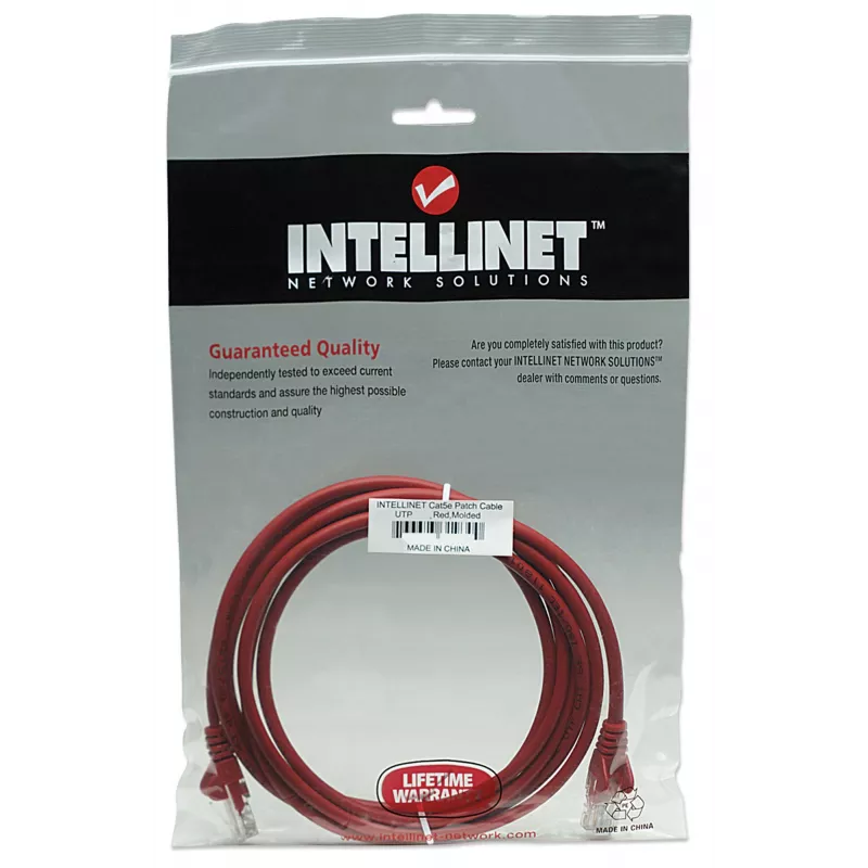 Intellinet tīkla savienojuma kabelis, Cat5e, 15m, Sarkans, CCA, U/UTP, PVC, RJ45, zeltīti kontakti, aizsargapvalks, mūža garantija