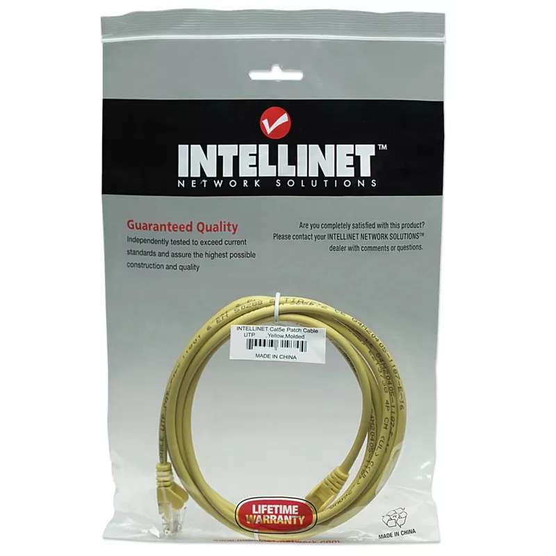 Intellinet tīkla vads, Cat5e, 15m, Dzeltens, CCA, U/UTP, PVC, RJ45, apzeltīti kontakti, bez aizķeršanās, ar aizsargvāciņu, mūža garantija