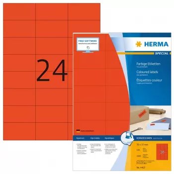 Uzlīmes HERMA Krāsainās A4 70x37 mm sarkanas papīra matētas 2400 gab.