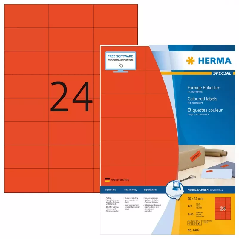 Uzlīmes HERMA Krāsainās A4 70x37 mm sarkanas papīra matētas 2400 gab.
