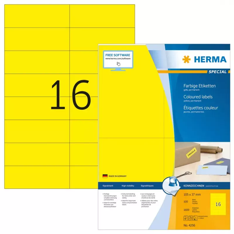 Uzlīmes HERMA Coloured A4 105x37 mm dzeltenas papīrs matēts 1600 gab.