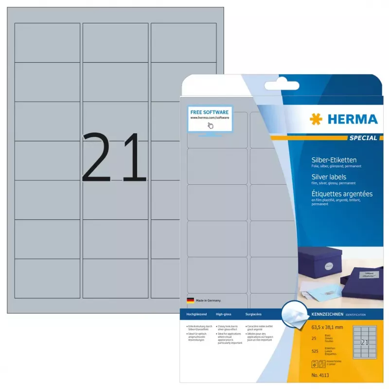 Pašlīmējošās printera etiķetes HERMA Labels A4 63.5x38.1 mm sudraba plēve spīdīga