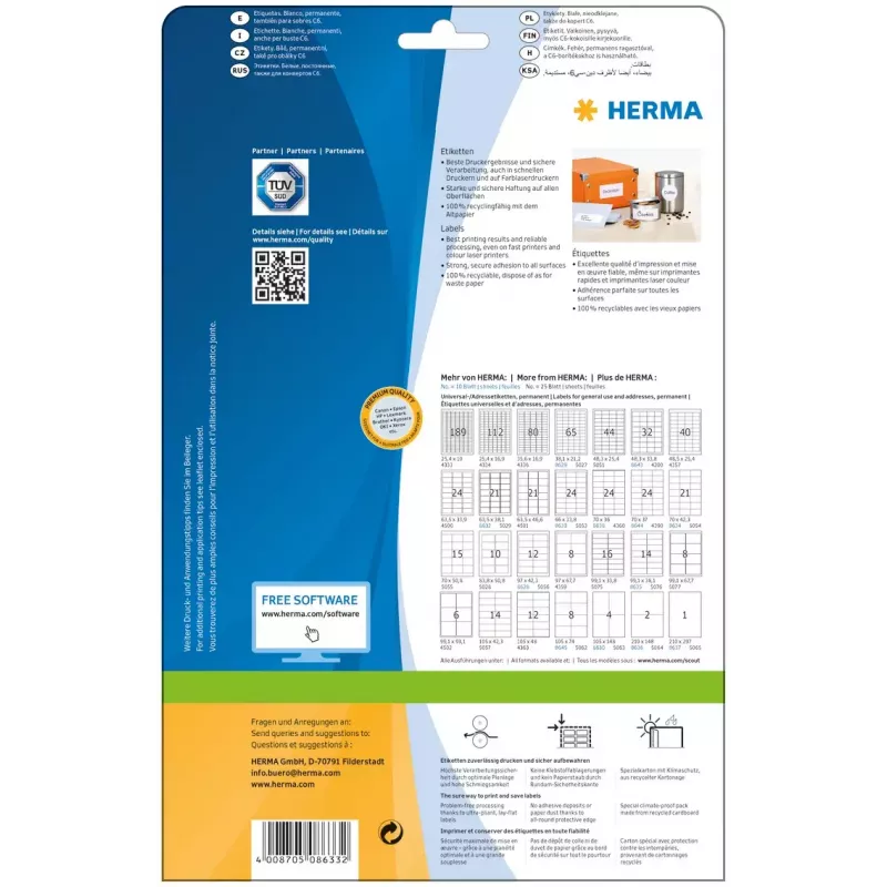 Pašlīmējošās printera uzlīmes HERMA Labels Premium A4 66x33,8 mm