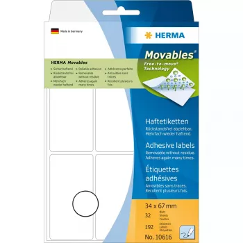 Daudzfunkciju uzlīmes HERMA 10616 34x67 mm baltas noņemamas papīra matētas