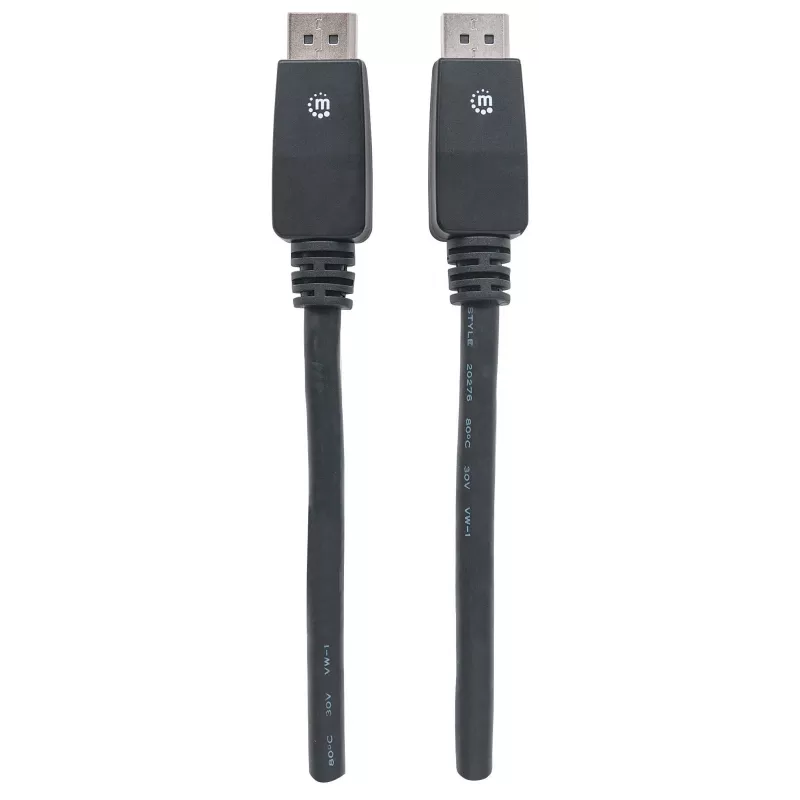 Manhattan DisplayPort 1.1 kabelis, 4K@60Hz, 10m, vīriešu-vīriešu, ar fiksatoriem, pilnībā ekranēts, melns, mūža garantija