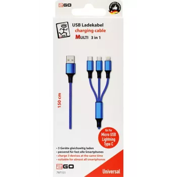 USB kabelis 2GO 797151 1.5 m USB B USB C/Micro-USB B/Lightning Melns Zils