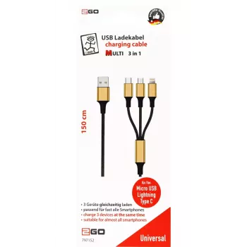 USB kabelis 2GO 797152 3m USB B USB C/Micro-USB B/Lightning Melns Zelts