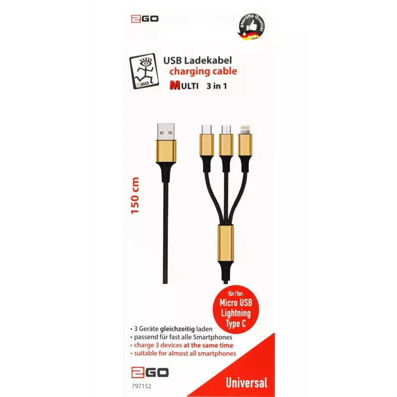USB kabelis 2GO 797152 3m USB B USB C/Micro-USB B/Lightning Melns Zelts