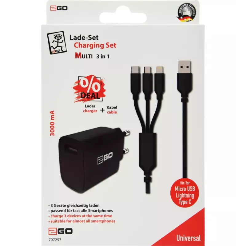 2GO 797257 Universāls melns lādētājs mobilajām ierīcēm AC iekštelpām 5V