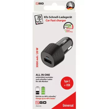 2GO 797272 Universāls melns auto lādētājs ātrai uzlādei
