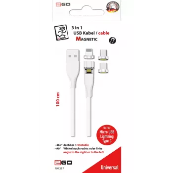 USB kabelis 2GO 797317 1m USB B USB C/Micro-USB B/Lightning Balts