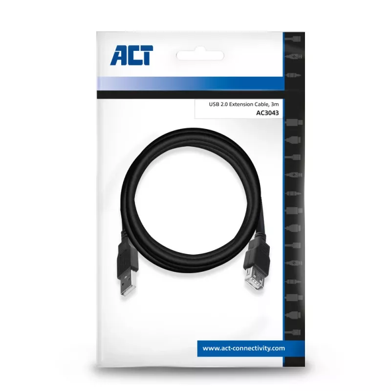 ACT USB 2.0 pagarinātājkabelis A vīrišķais - A sievišķais 3 metri