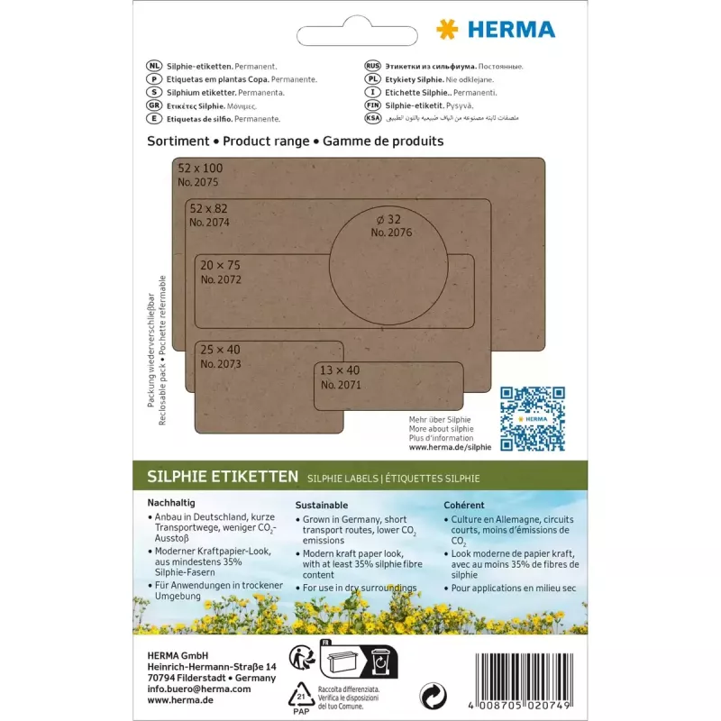 HERMA 2074 pašlīmējošās etiķetes noapaļots taisnstūris Pastāvīga Brūna 52x82 mm 96 gab.
