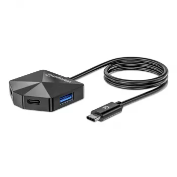 Manhattan USB-C & USB-A kombinētais centrmezgls, 4 porti (2x USB-A, 2x USB-C), 5 Gbps, leņķveida forma, barošana caur USB