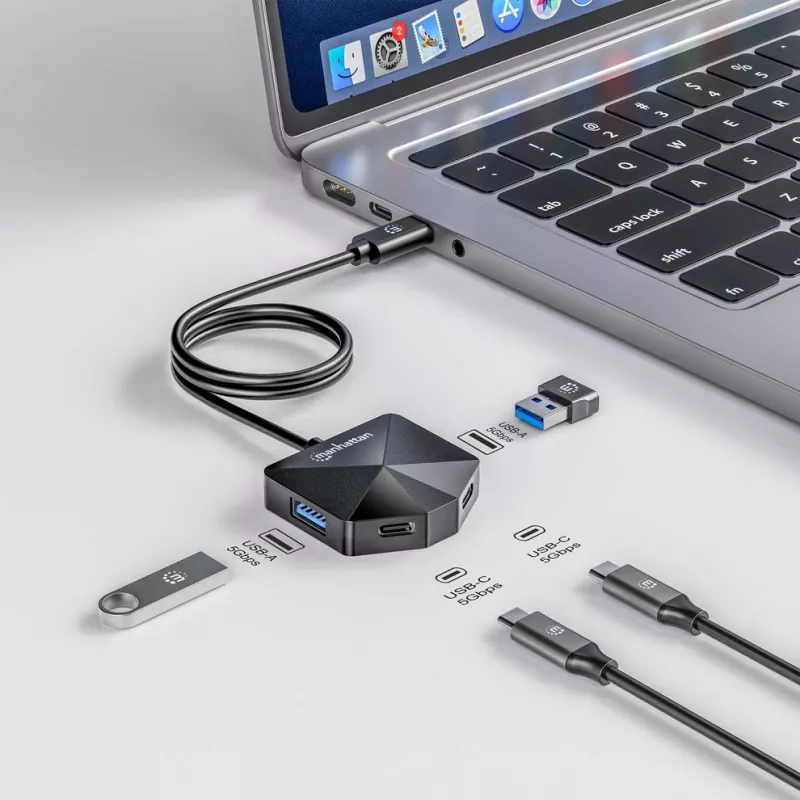 Manhattan USB-C & USB-A kombinētais centrmezgls, 4 porti (2x USB-A, 2x USB-C), 5 Gbps, leņķveida forma, barošana caur USB