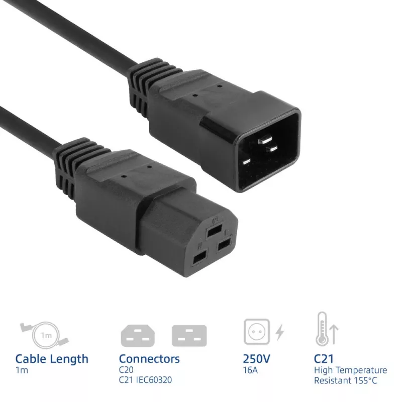 Strāvas vads ACT C20–C21 IEC60320 melns 1 m, 250 V 16 A
