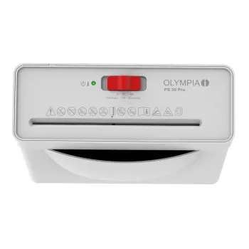 Papīra smalcinātājs Olympia PS 36 Pro — sloksnes griešana, 8 L grozs, 72 dB, balts