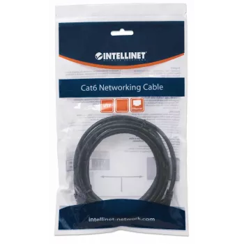 Intellinet tīkla vads, Cat6, 2m, Melns, CCA, U/UTP, PVC, RJ45, apzeltīti kontakti, Snagless, Booted, Mūža garantija