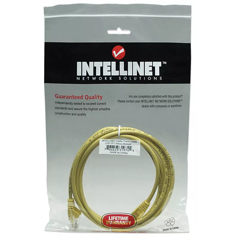 Intellinet tīkla vads, Cat5e, 2m, Dzeltens, CCA, U/UTP, PVC, RJ45, apzeltīti kontakti, aizsargapvalks, mūža garantija