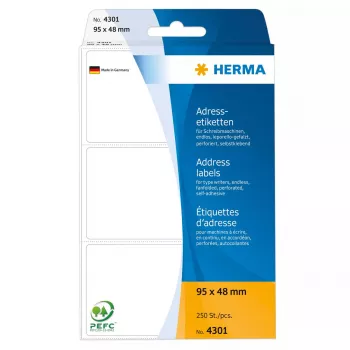 Adrešu uzlīmes HERMA nepārtrauktā salocītā lente 95x48 mm balts papīrs matēts 250 gab.