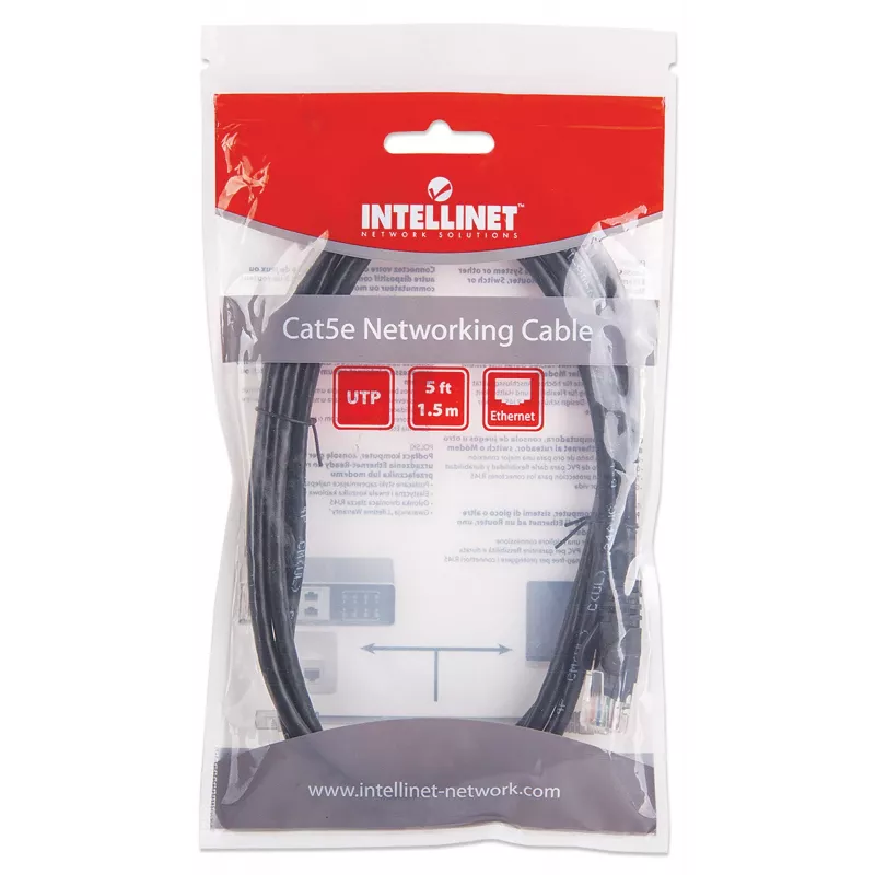 Intellinet tīkla vads, Cat5e, 1,5 m, melns, CCA, U/UTP, PVC, RJ45, apzeltīti kontakti, aizsargvāciņš, mūža garantija