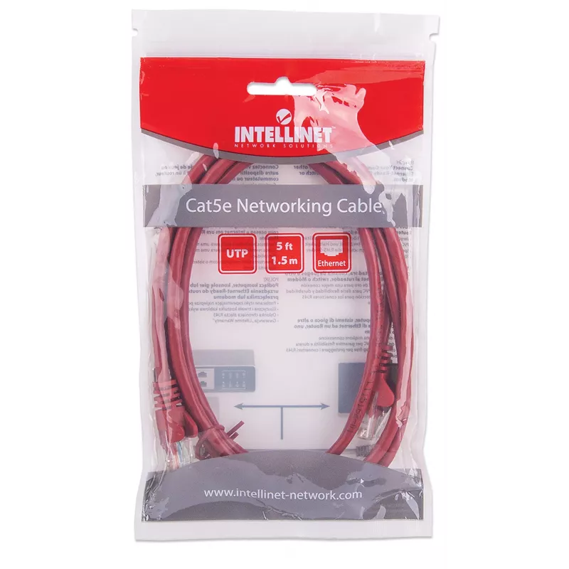 Intellinet tīkla vads, Cat5e, 1,5m, Sarkans, CCA, U/UTP, PVC, RJ45, apzeltīti kontakti, aizsargāts pret aizķeršanos, ar aizsargvāciņu, mūža garantija