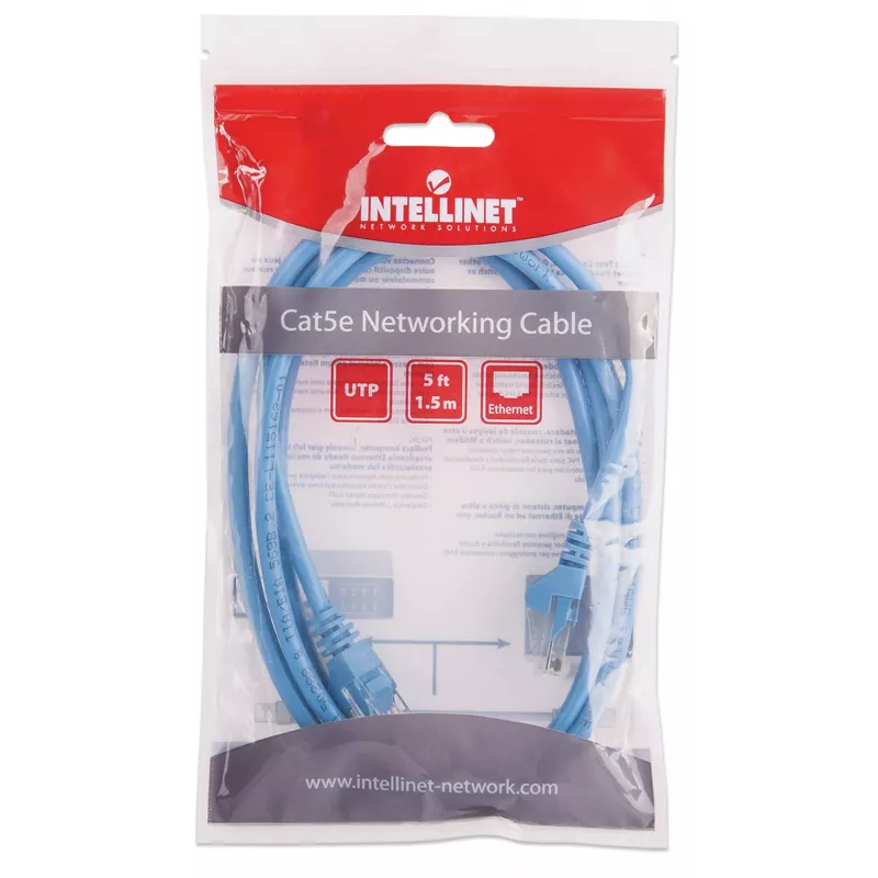Intellinet tīkla vads, Cat5e, 1.5m, zils, CCA, U/UTP, PVC, RJ45, apzeltīti kontakti, bezķēdes, ar aizsargvāciņu, mūža garantija