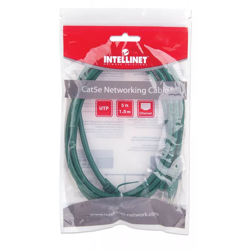 Intellinet tīkla vads, Cat5e, 1,5 m, zaļš, CCA, U/UTP, PVC, RJ45, apzeltīti kontakti, aizsargvāciņš, mūža garantija