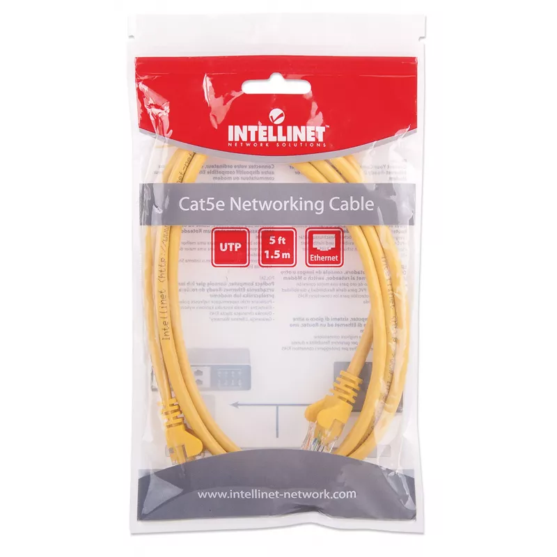 Intellinet tīkla vads, Cat5e, 1,5 m, dzeltens, CCA, U/UTP, PVC, RJ45, apzeltīti kontakti, aizsargvāciņš, mūža garantija
