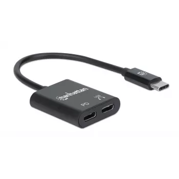 Manhattan USB-C Audio Adapter ar USB-C (Power Delivery), Melns, 480 Mbps (USB 2.0), Kabelis 11 cm, Power Delivery līdz 60 W, Trīs gadu garantija