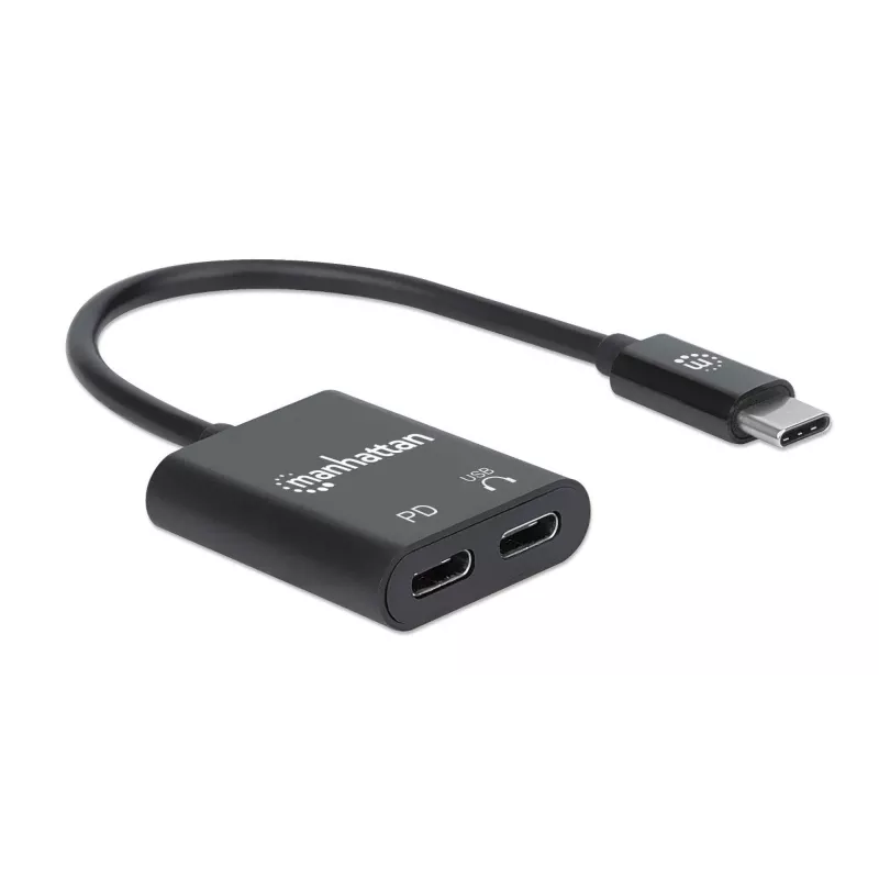 Manhattan USB-C Audio Adapter ar USB-C (Power Delivery), Melns, 480 Mbps (USB 2.0), Kabelis 11 cm, Power Delivery līdz 60 W, Trīs gadu garantija