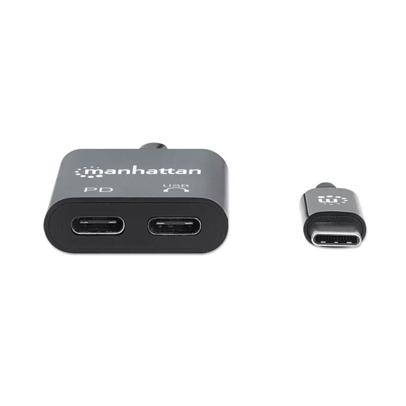 Manhattan USB-C Audio Adapter ar USB-C (Power Delivery), Melns, 480 Mbps (USB 2.0), Kabelis 11 cm, Power Delivery līdz 60 W, Trīs gadu garantija