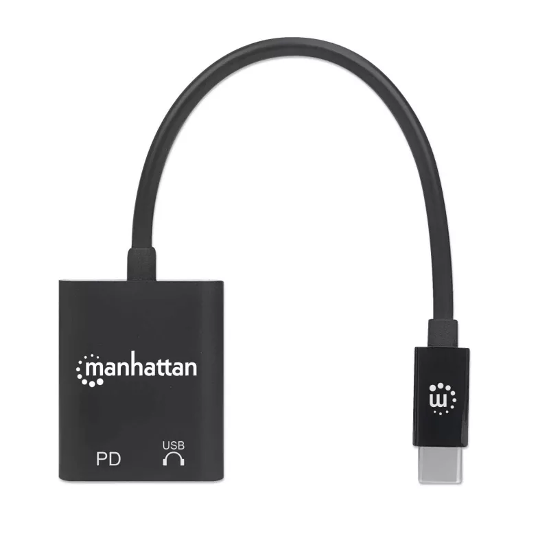 Manhattan USB-C Audio Adapter ar USB-C (Power Delivery), Melns, 480 Mbps (USB 2.0), Kabelis 11 cm, Power Delivery līdz 60 W, Trīs gadu garantija